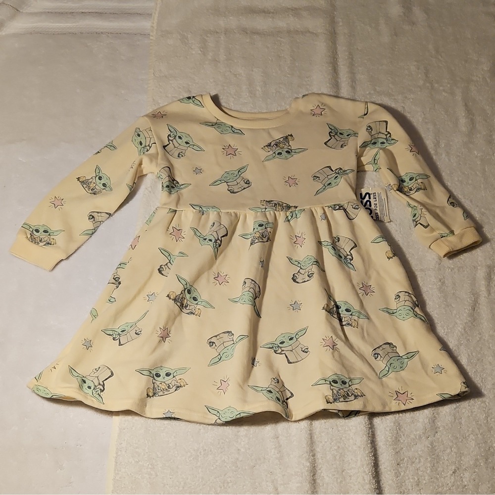 Star Wars Grogu Character Print Fleece Fit & Flare Long Sleeve Dress 4T